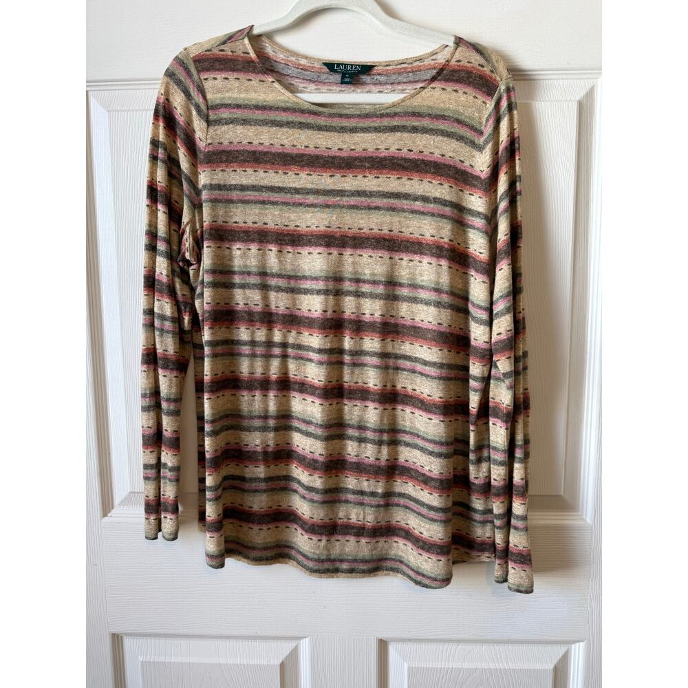 Y2K‎ Lauren Ralph Lauren 100% Linen Pastel Western Stripe Ballet Neckline Top 1X